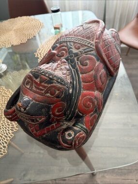 Vintage Handcrafted Red & Black Carved Wooden Animal Sculpture